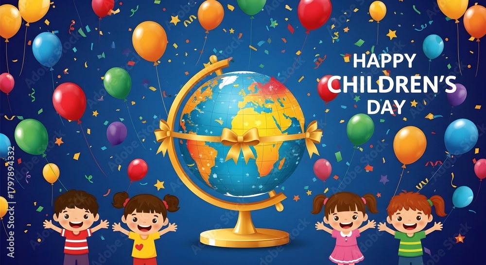Naklejka premium Joyful children celebrate global holiday with balloons and confetti.