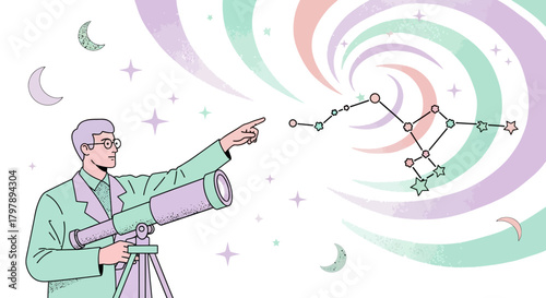 Illustration of an astronomer pointing at a constellation through a telescope with cosmic swirl