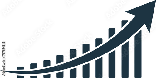 Dynamic upward arrow and increasing bar graph illustrating growth, business success, market progress, financial improvement, and positive development trends in analytics