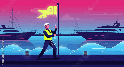 Nautical communication signal illustration depicting a yachtsman hoisting a flag on a pier