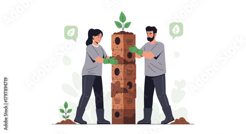 Teamwork Illustration of Man and Woman Building a Vertical Garden with Growing Plant for