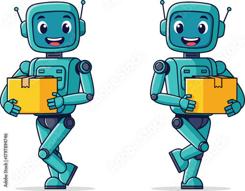 Friendly delivery robots carrying packages in a modern futuristic technology illustration showcasing automated logistics and smart shipping service