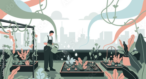 Urban gardener watering plants on a rooftop garden with city skyline view growing vegetables and