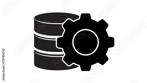 Vector illustration of black silhouette of a database icon with a gear symbol on a transparent background