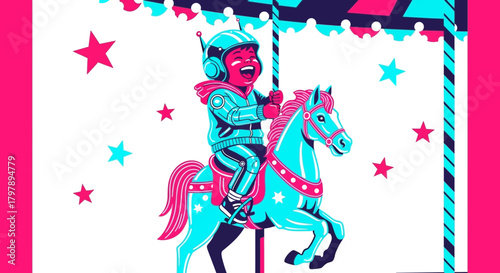Vibrant illustration of a child in astronaut gear joyfully riding a carousel horse