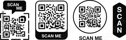 A versatile set of black and white vector QR code icons with a Scan Me call to action, presented in various frames like circles and speech bubbles