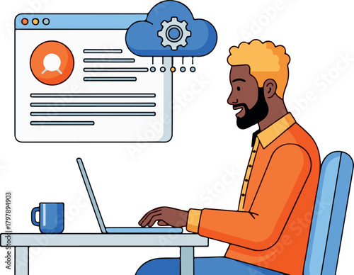 Man working on a laptop with cloud computing interface and coffee mug