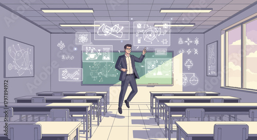 An energetic teacher presenting interactive science concepts in a modern classroom environment