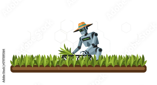 Futuristic farming concept showcasing a robot tending to crops in a field with advanced technology