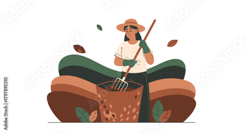 Illustration of a female farmer mixing soil in a pot with gardening tools in garden
