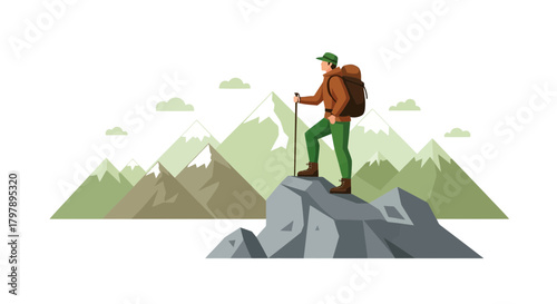 Illustration of a Hiker Standing on a Mountain Peak with a Majestic Landscape in the Background