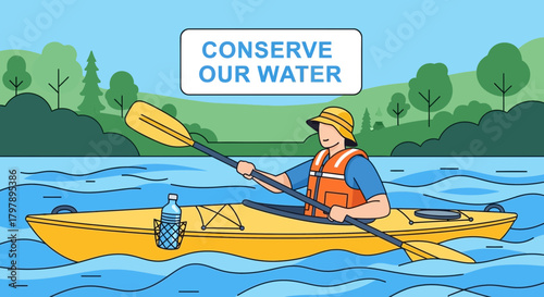 Illustration of a kayaker on a river promoting the conservation of water resources and nature