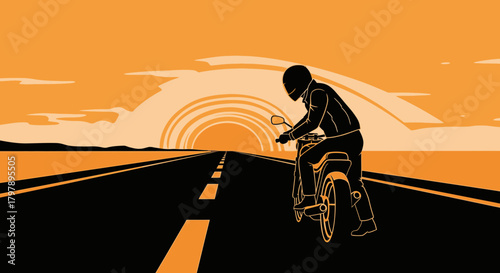 Motorcycle rider on a long road at sunset silhouette vector illustration