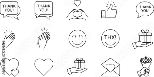Collection of handdrawn icons for expressing gratitude and positive emotions