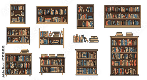 Collection of pixel art bookshelves filled with books.