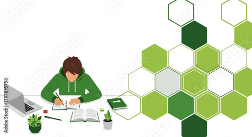 Student learning online with laptop and books in creative illustration design