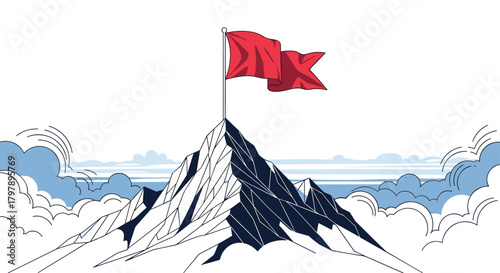 A lone red flag waves proudly atop a snow-capped mountain peak emerging from a sea of clouds symbolizing achievement and success.