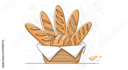 A woven basket overflowing with freshly baked crusty baguettes on a white background.