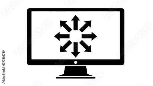 Vector illustration of computer monitor displaying outward pointing arrows, on a transparent background