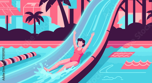 Woman enjoying the summer vacation sliding down a water slide at a tropical water park resort