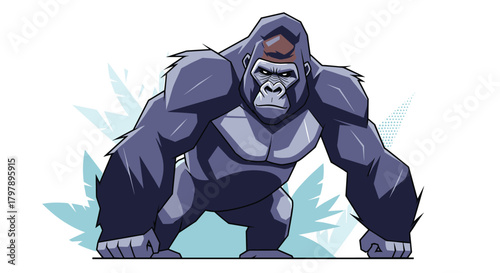 Pixel art illustration of a powerful gorilla in a jungle setting with stylized leaves.