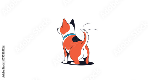 Animated illustration of a small calico dog wagging its tail with excitement.