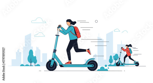 People riding electric scooters through a futuristic city skyline illustration.