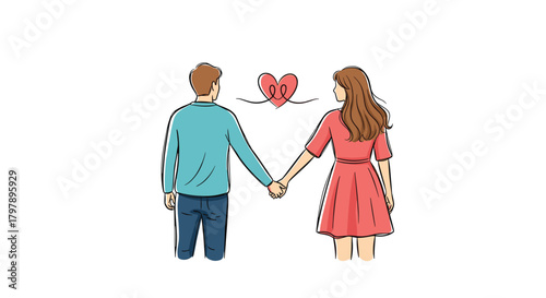 A couple holding hands with a heart symbol between them representing love and connection.
