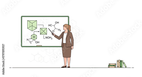 Woman explains complex chemistry concepts on whiteboard in learning environment