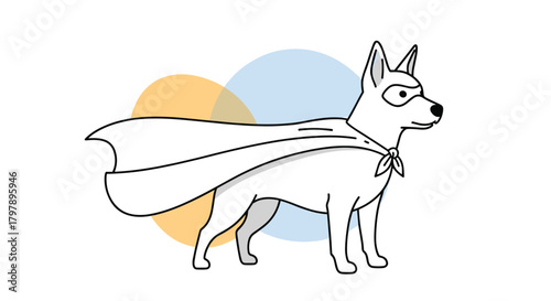 A dog dressed as a superhero with a cape and mask stands proudly wearing a bow tie.