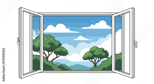 A picturesque pixelated landscape viewed through an open window on a cloudy day.