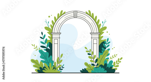 A beautiful white garden archway adorned with lush green foliage and delicate white floral accents creating an inviting entrance to a serene outdoor space.