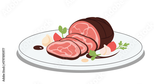 A delicious looking roasted meat with side garnishes on a white plate.