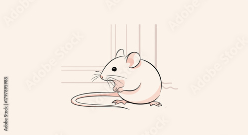 A tiny white mouse peeking out from behind a white doorway on a plain background.