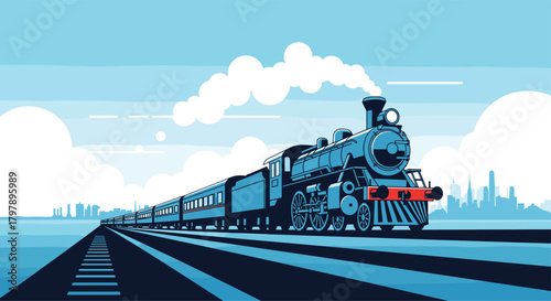 A vintage steam train travels across a landscape under a cloudy sky.