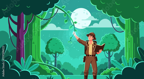 Adventurer exploring the jungle at night under the moonlight in search of rare plants