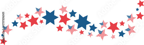A festive wave of red, white, and blue stars, featuring various sizes and American flag patterns, creating a patriotic and celebratory design element