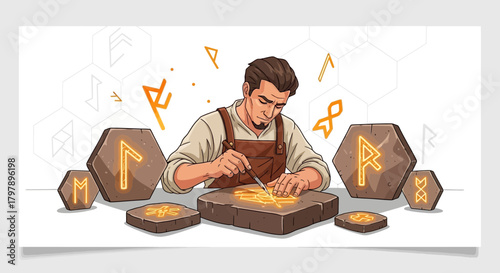 Artisan rune engraver crafting ancient symbols on stone with meticulous detail in studio