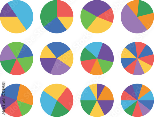 A collection of vibrant pie charts in various segment counts and color schemes, featuring a playful palette