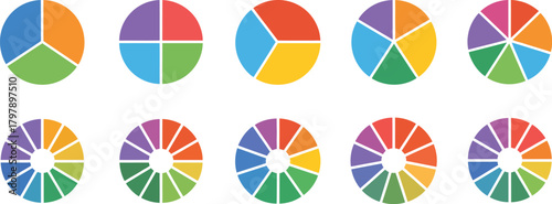Diverse vector set of colorful pie charts and donut graphs, illustrating data visualization options with segments from three to twelve parts, ideal for statistics and infographics
