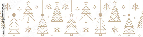 Elegant Christmas seamless border with gold outline pine and spruce trees, conical shapes, and snowflake details for holiday decoration