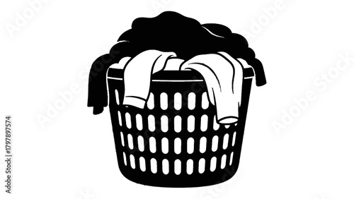 Vector illustration of black and white illustration of a laundry basket full of clothes on a transparent background