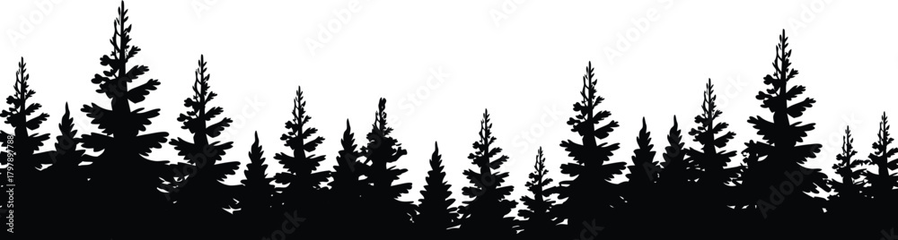 Obraz premium Silhouette of coniferous trees against a white background, featuring various sizes and densities of pine and spruce trees