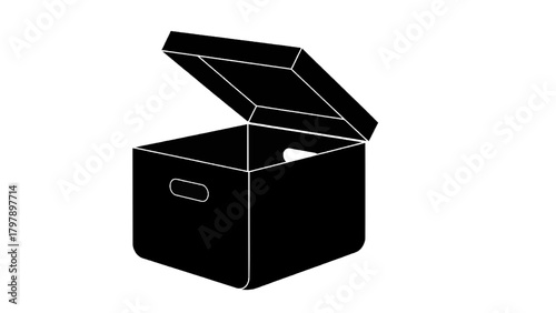 Vector illustration of black and white illustration of an open storage box with lid on a transparent background
