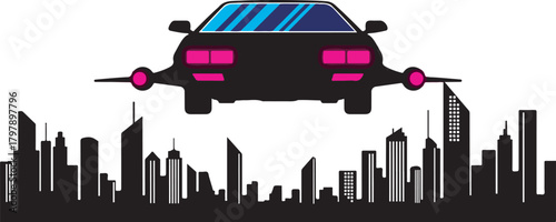 Abstract city skyline,  Retro-futurism style of a flying car silhouette. 5