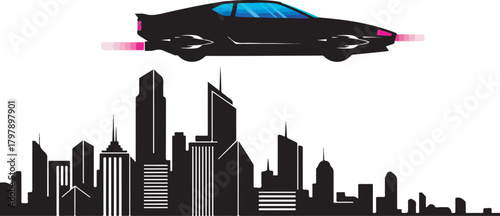 Abstract city skyline,  Retro-futurism style of a flying car silhouette. 4