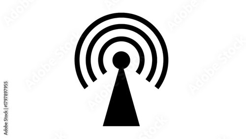 Vector illustration of black and white illustration of a signal tower with radiating waves on a transparent background