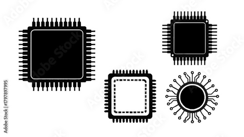 Vector illustration of collection of black computer microchips on a transparent background