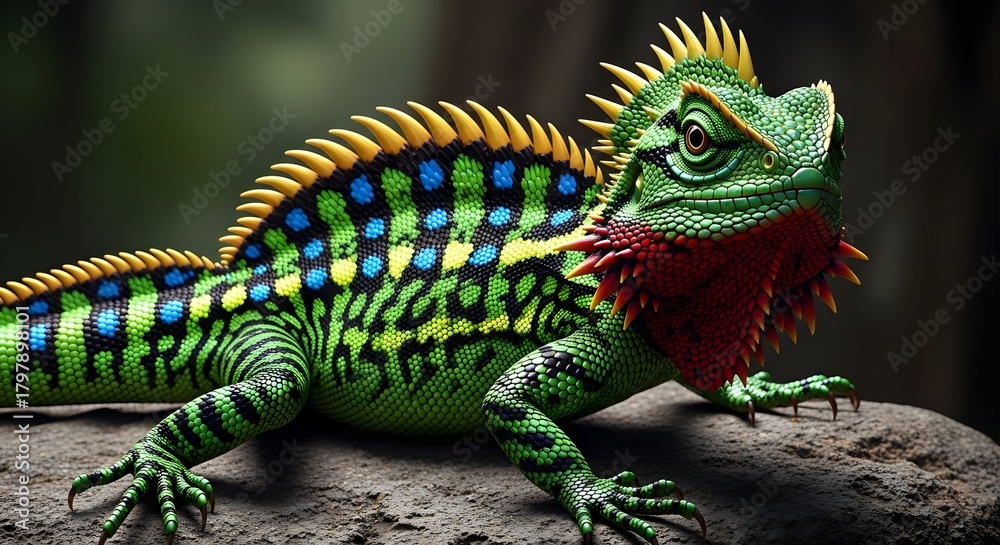 Obraz premium Vibrant Green Reptile with Striking Blue and Yellow Markings Resting on a Rock, a Colorful Lizard in Its Natural Jungle Habitat Showcasing Intricate Scales and Spiky Crest