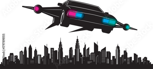 Abstract city skyline,  Retro-futurism style of a flying car silhouette. 2